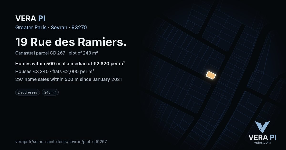 19 Rue des Ramiers, Sevran at night – the plot lit, the parcels around coloured by the prices near them