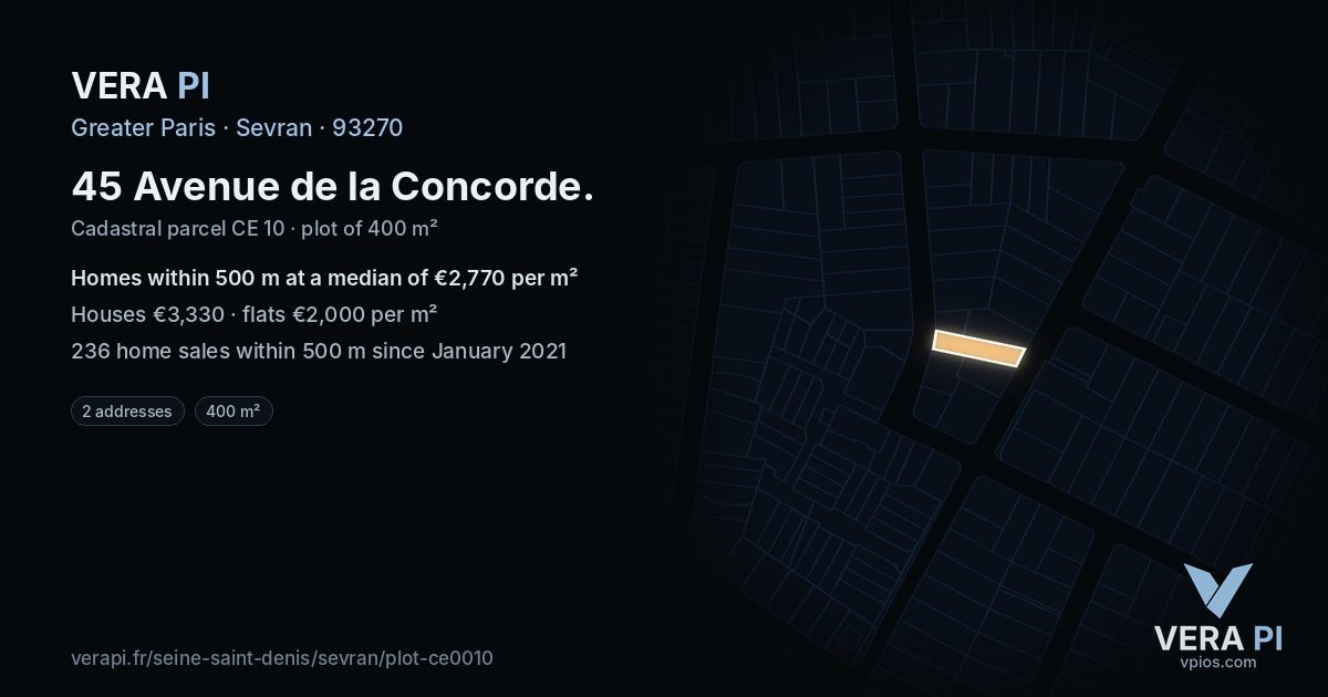45 Avenue de la Concorde, Sevran at night – the plot lit, the parcels around coloured by the prices near them