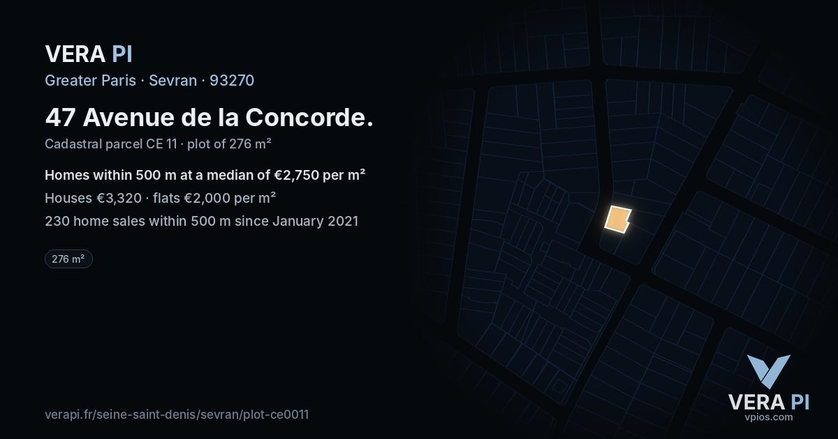 47 Avenue de la Concorde, Sevran at night – the plot lit, the parcels around coloured by the prices near them