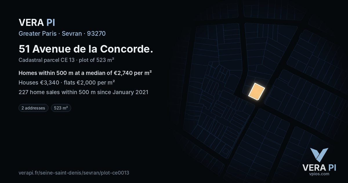 51 Avenue de la Concorde, Sevran at night – the plot lit, the parcels around coloured by the prices near them