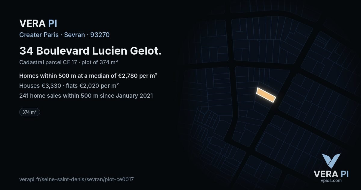 34 Boulevard Lucien Gelot, Sevran at night – the plot lit, the parcels around coloured by the prices near them