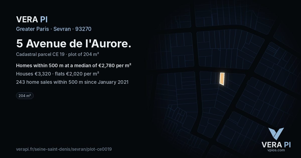 5 Avenue de l'Aurore, Sevran at night – the plot lit, the parcels around coloured by the prices near them
