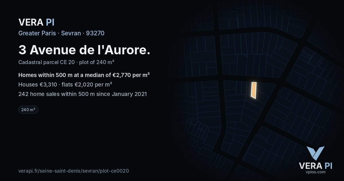 3 Avenue de l'Aurore, Sevran at night – the plot lit, the parcels around coloured by the prices near them