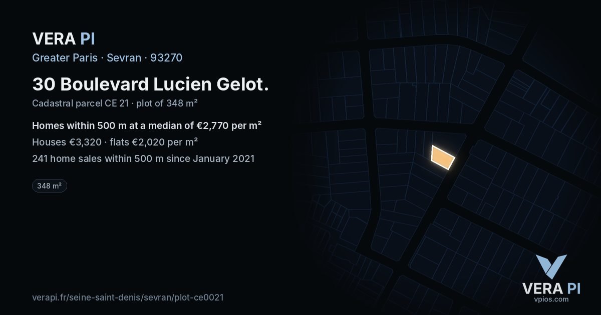 30 Boulevard Lucien Gelot, Sevran at night – the plot lit, the parcels around coloured by the prices near them