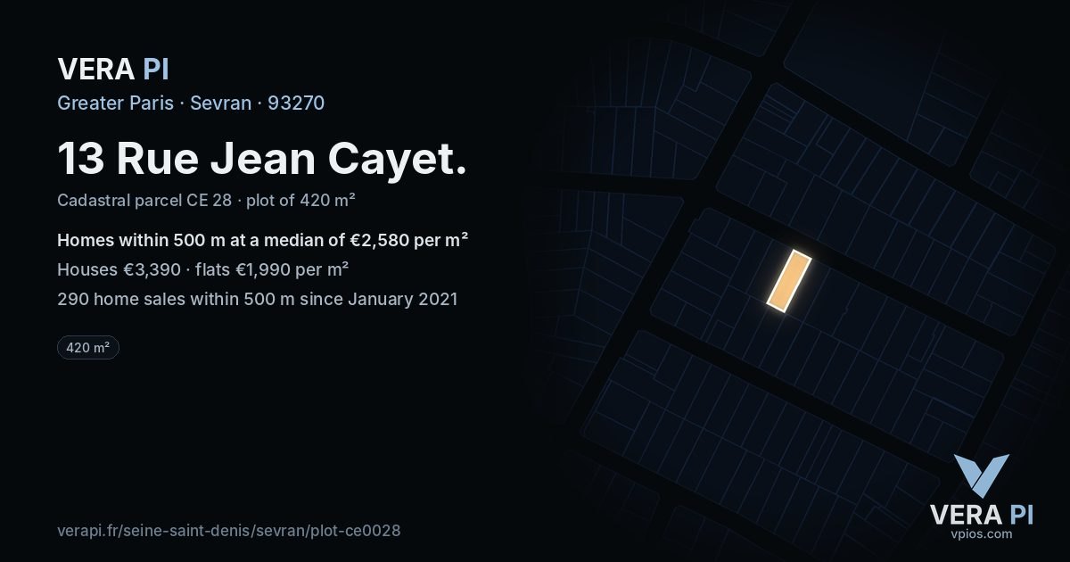 13 Rue Jean Cayet, Sevran at night – the plot lit, the parcels around coloured by the prices near them