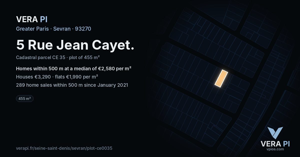 5 Rue Jean Cayet, Sevran at night – the plot lit, the parcels around coloured by the prices near them
