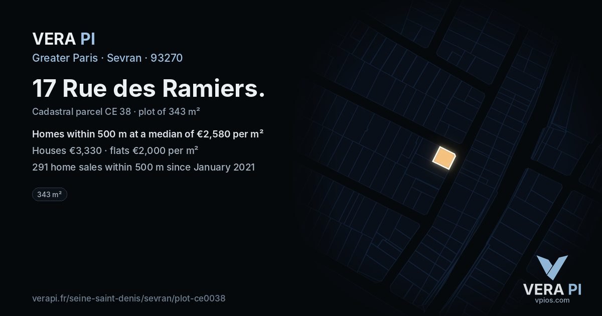 17 Rue des Ramiers, Sevran at night – the plot lit, the parcels around coloured by the prices near them