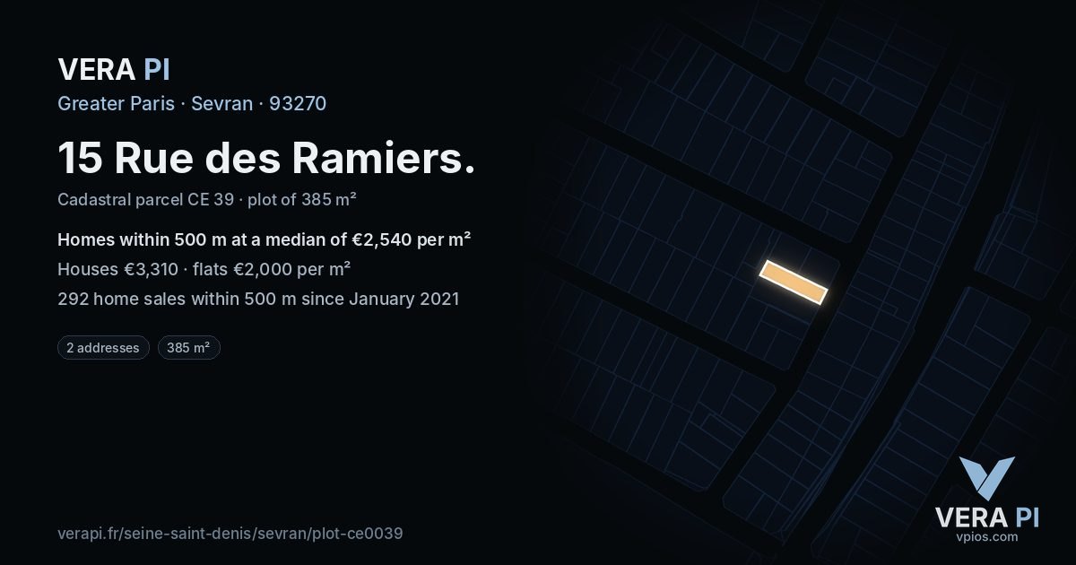 15 Rue des Ramiers, Sevran at night – the plot lit, the parcels around coloured by the prices near them