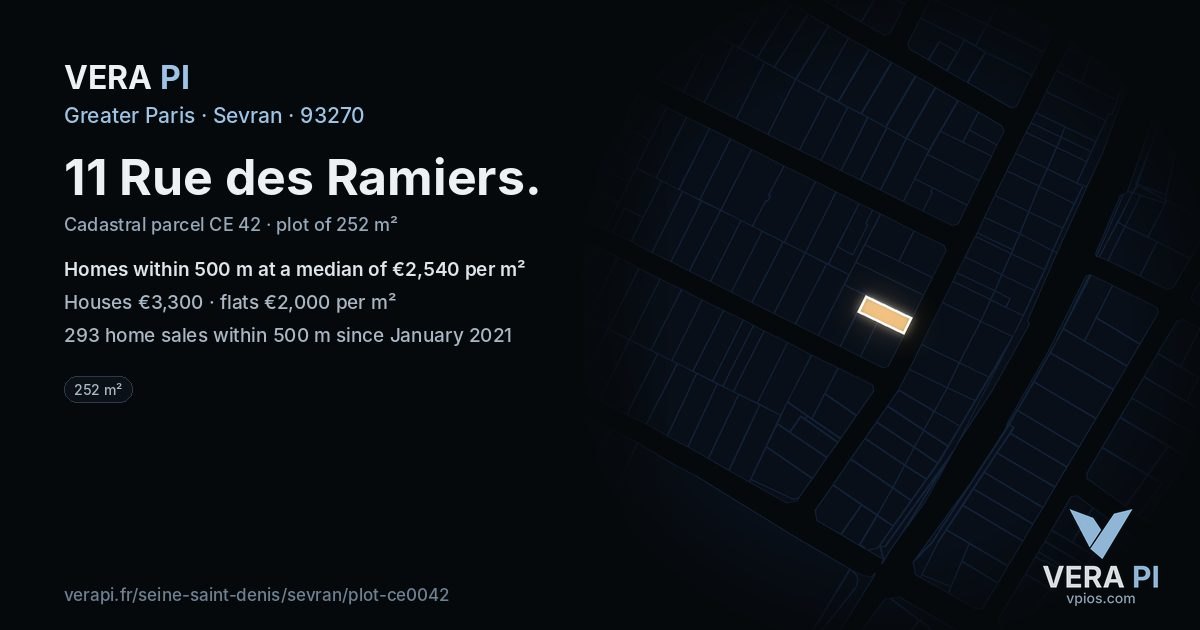 11 Rue des Ramiers, Sevran at night – the plot lit, the parcels around coloured by the prices near them