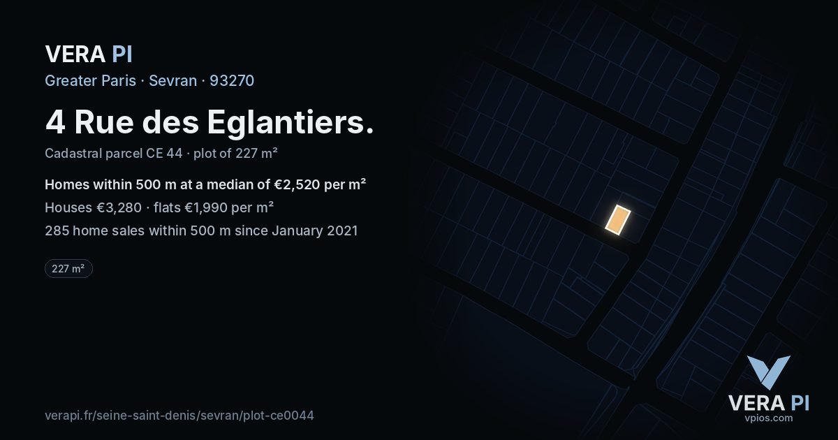 4 Rue des Eglantiers, Sevran at night – the plot lit, the parcels around coloured by the prices near them