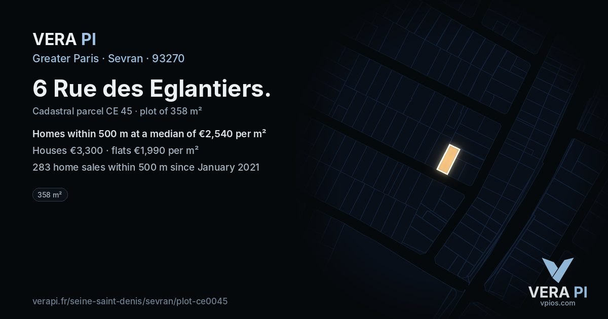 6 Rue des Eglantiers, Sevran at night – the plot lit, the parcels around coloured by the prices near them