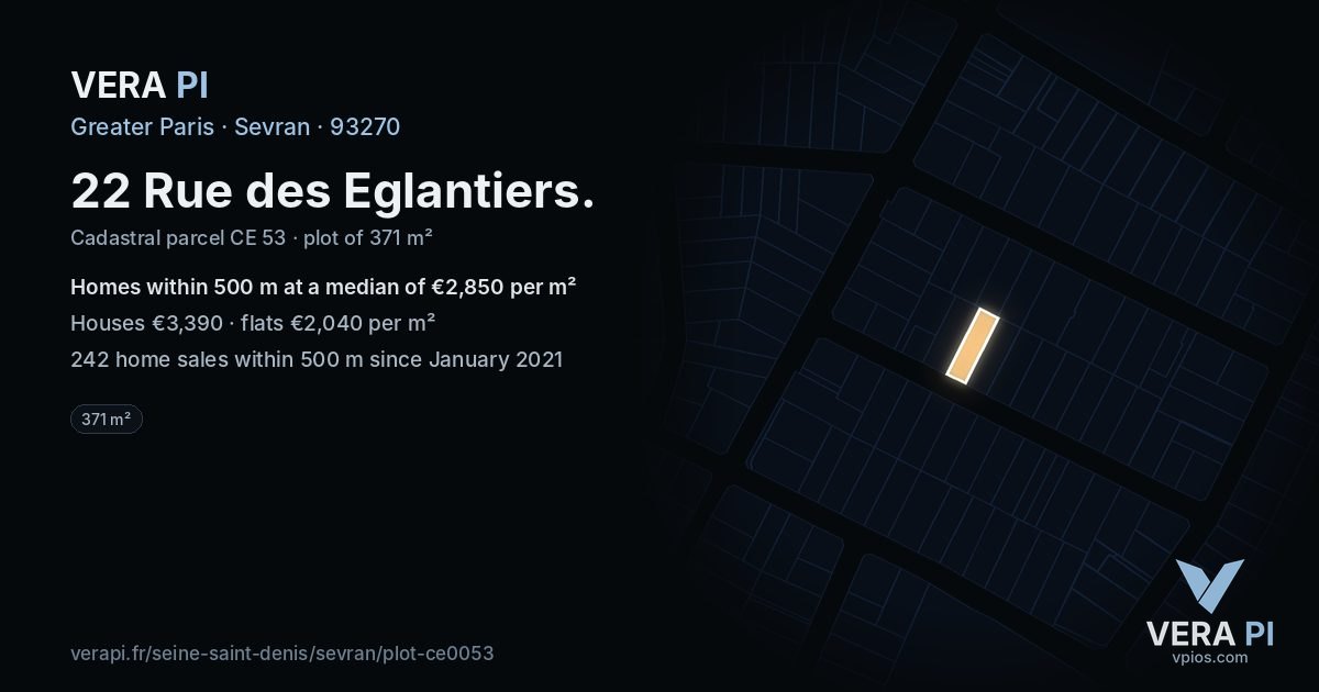 22 Rue des Eglantiers, Sevran at night – the plot lit, the parcels around coloured by the prices near them