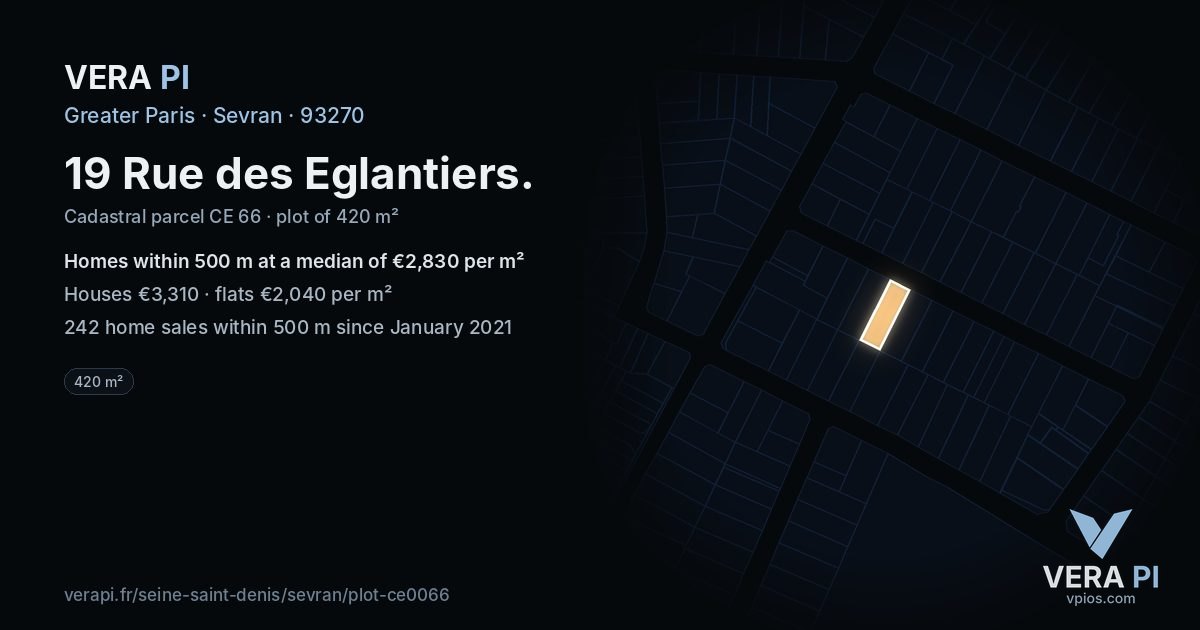 19 Rue des Eglantiers, Sevran at night – the plot lit, the parcels around coloured by the prices near them