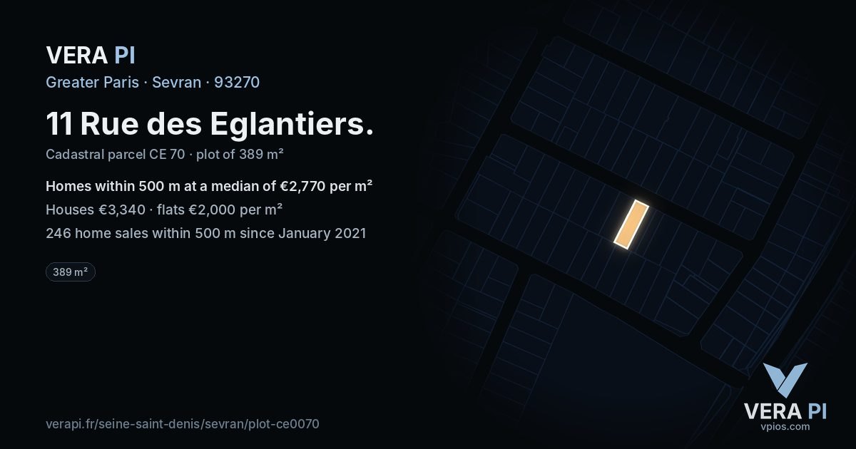 11 Rue des Eglantiers, Sevran at night – the plot lit, the parcels around coloured by the prices near them
