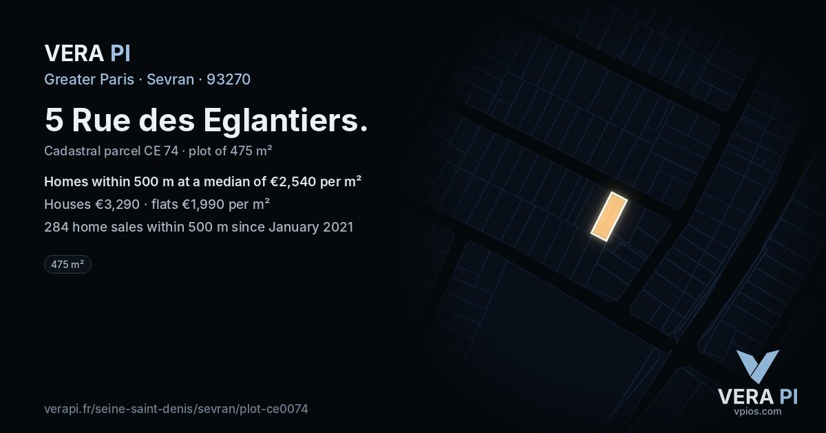 5 Rue des Eglantiers, Sevran at night – the plot lit, the parcels around coloured by the prices near them