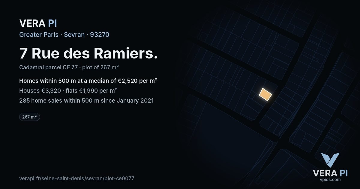 7 Rue des Ramiers, Sevran at night – the plot lit, the parcels around coloured by the prices near them