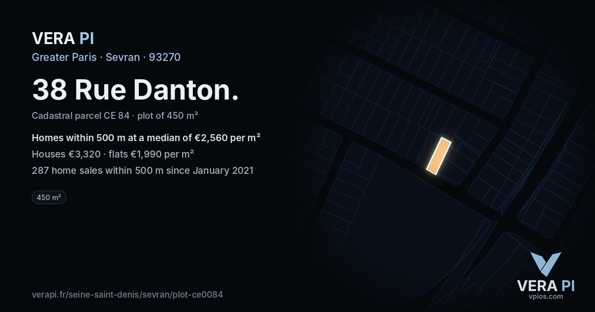 38 Rue Danton, Sevran at night – the plot lit, the parcels around coloured by the prices near them