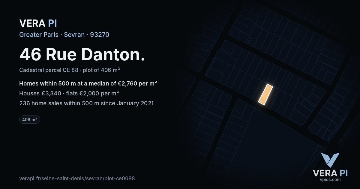 46 Rue Danton, Sevran at night – the plot lit, the parcels around coloured by the prices near them