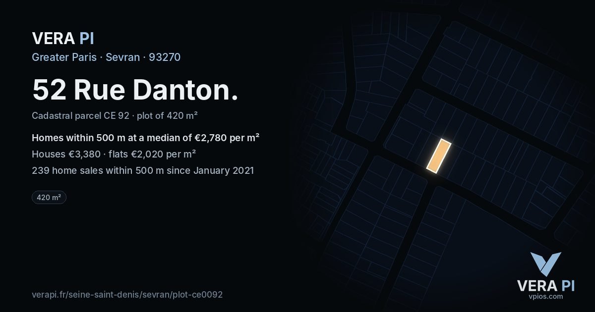 52 Rue Danton, Sevran at night – the plot lit, the parcels around coloured by the prices near them