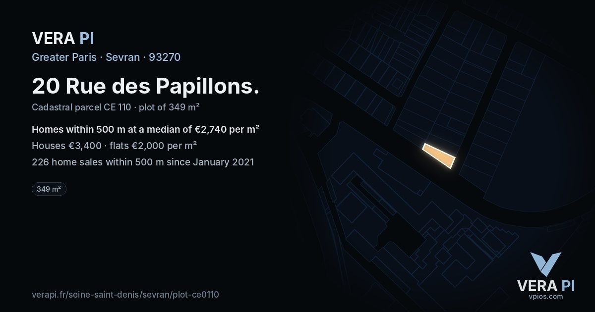 20 Rue des Papillons, Sevran at night – the plot lit, the parcels around coloured by the prices near them
