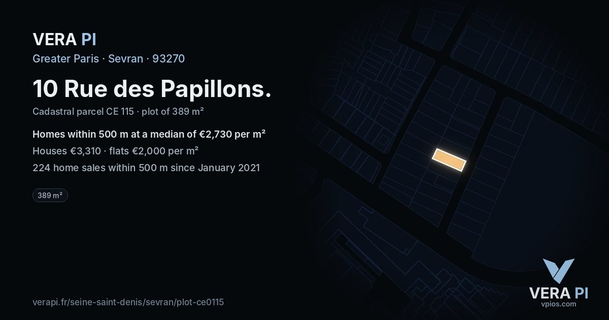 10 Rue des Papillons, Sevran at night – the plot lit, the parcels around coloured by the prices near them