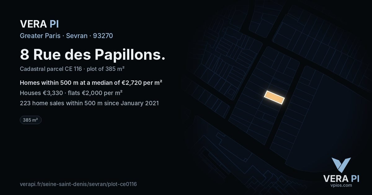 8 Rue des Papillons, Sevran at night – the plot lit, the parcels around coloured by the prices near them
