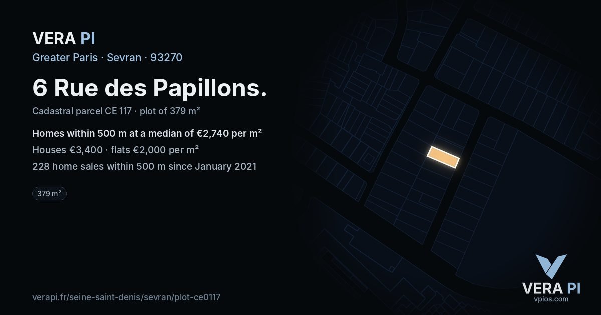 6 Rue des Papillons, Sevran at night – the plot lit, the parcels around coloured by the prices near them