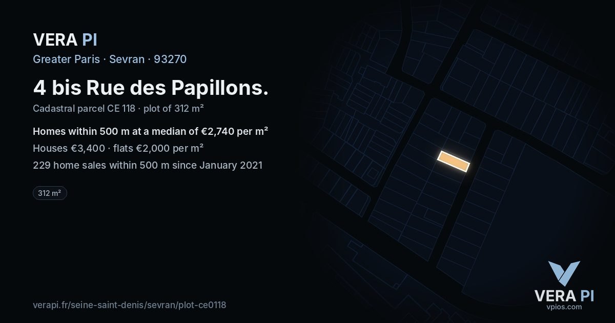 4 bis Rue des Papillons, Sevran at night – the plot lit, the parcels around coloured by the prices near them