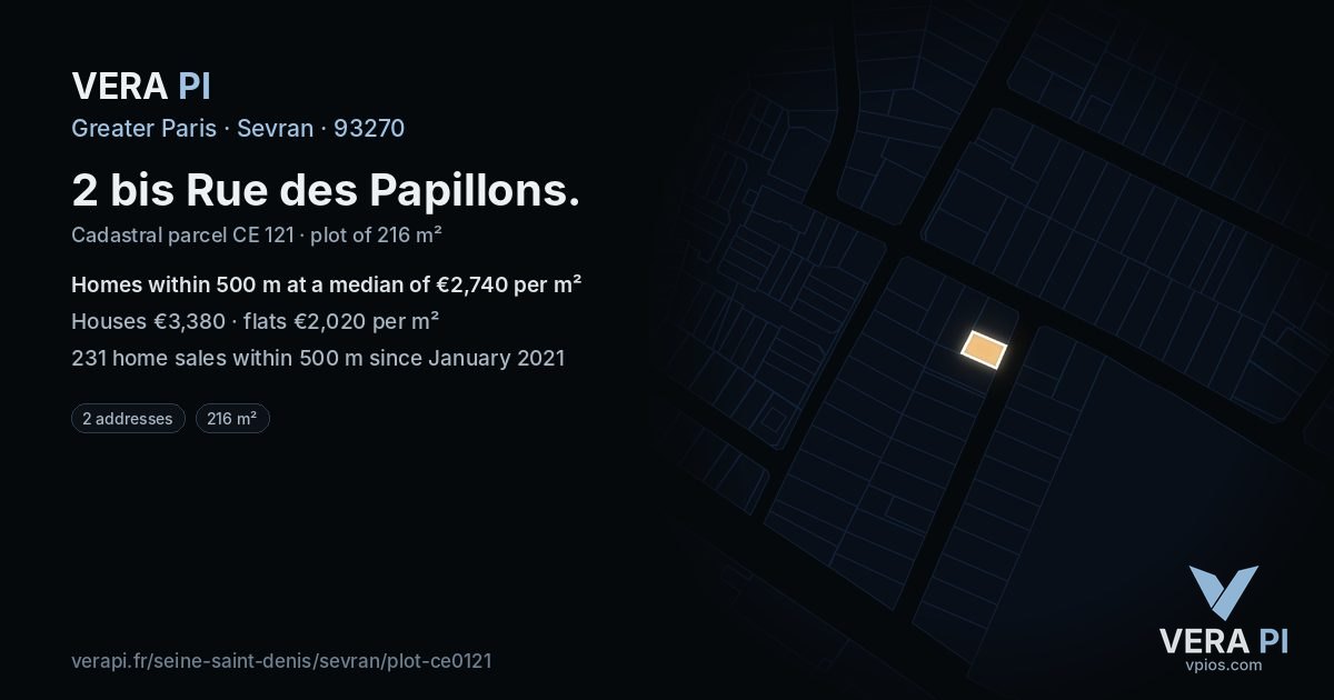 2 bis Rue des Papillons, Sevran at night – the plot lit, the parcels around coloured by the prices near them