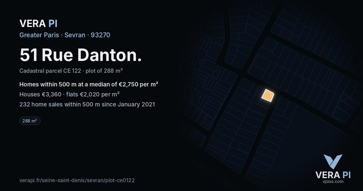 51 Rue Danton, Sevran at night – the plot lit, the parcels around coloured by the prices near them