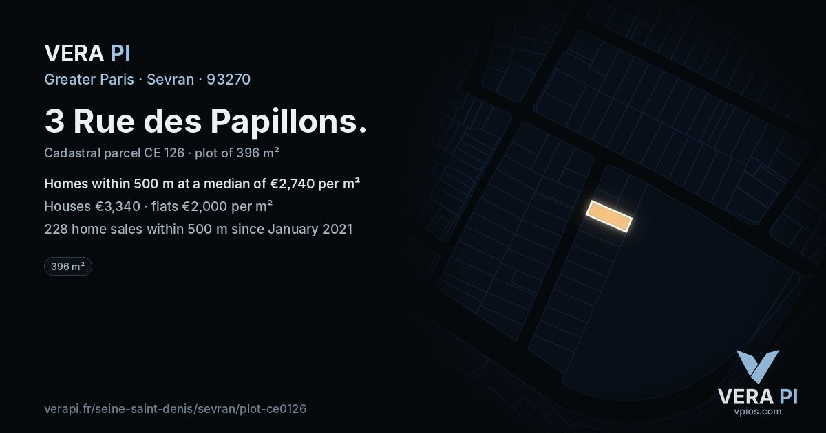 3 Rue des Papillons, Sevran at night – the plot lit, the parcels around coloured by the prices near them
