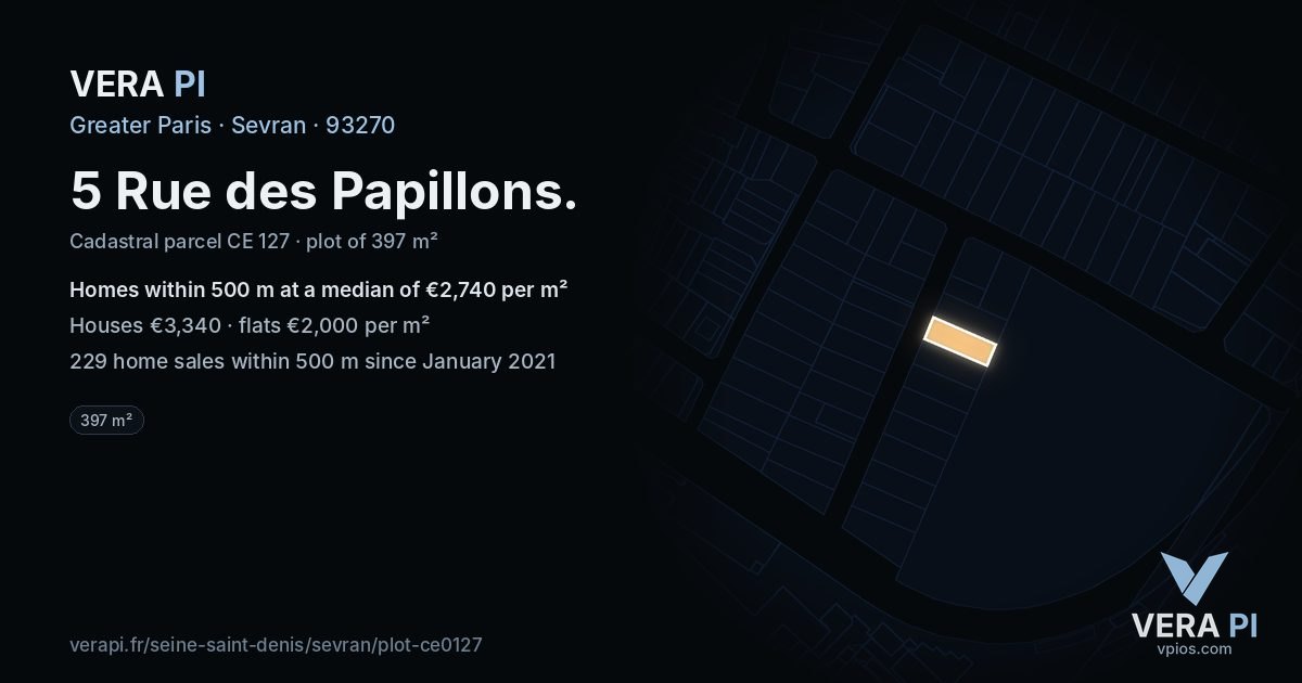5 Rue des Papillons, Sevran at night – the plot lit, the parcels around coloured by the prices near them