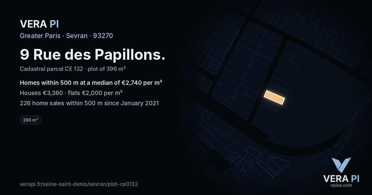 9 Rue des Papillons, Sevran at night – the plot lit, the parcels around coloured by the prices near them