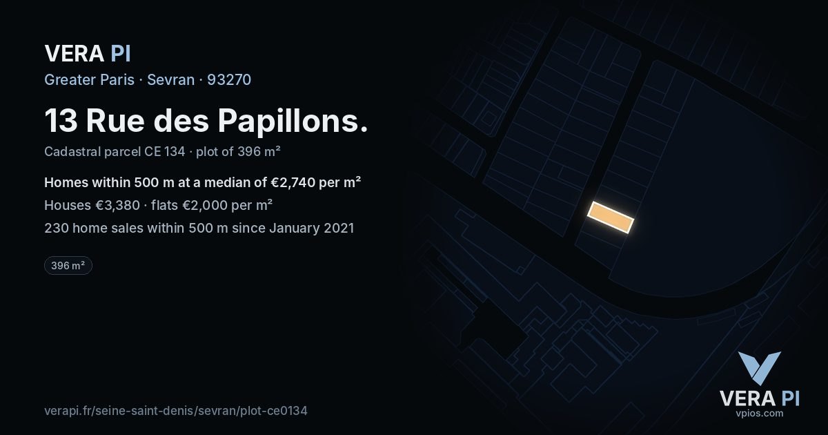 13 Rue des Papillons, Sevran at night – the plot lit, the parcels around coloured by the prices near them