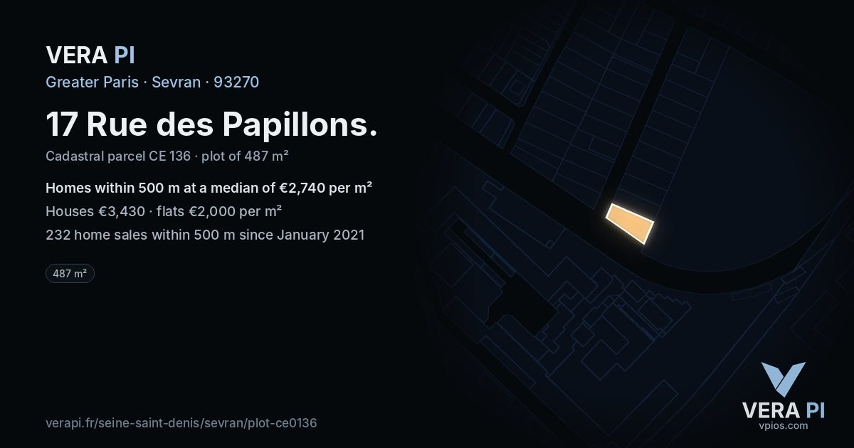 17 Rue des Papillons, Sevran at night – the plot lit, the parcels around coloured by the prices near them