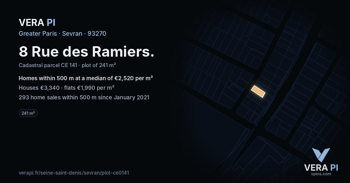 8 Rue des Ramiers, Sevran at night – the plot lit, the parcels around coloured by the prices near them