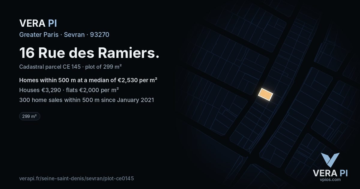 16 Rue des Ramiers, Sevran at night – the plot lit, the parcels around coloured by the prices near them