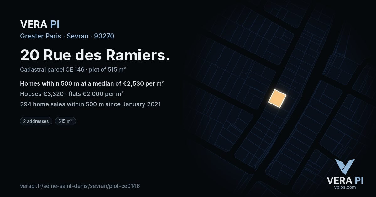 20 Rue des Ramiers, Sevran at night – the plot lit, the parcels around coloured by the prices near them