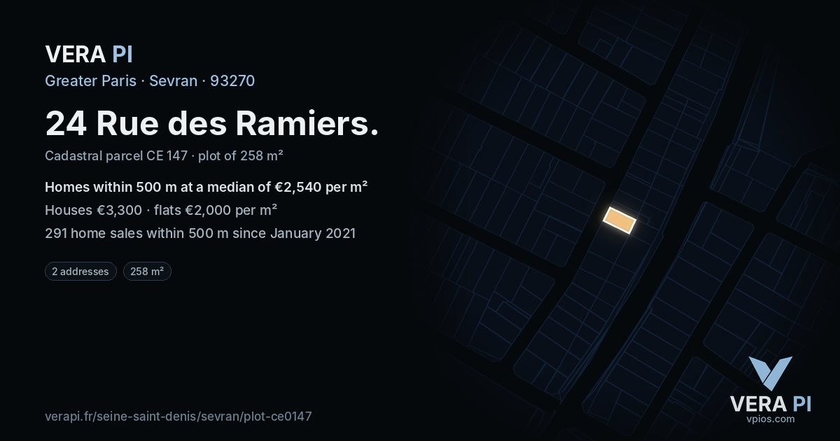 24 Rue des Ramiers, Sevran at night – the plot lit, the parcels around coloured by the prices near them