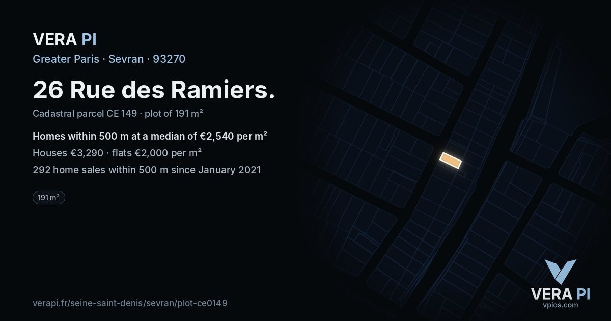 26 Rue des Ramiers, Sevran at night – the plot lit, the parcels around coloured by the prices near them