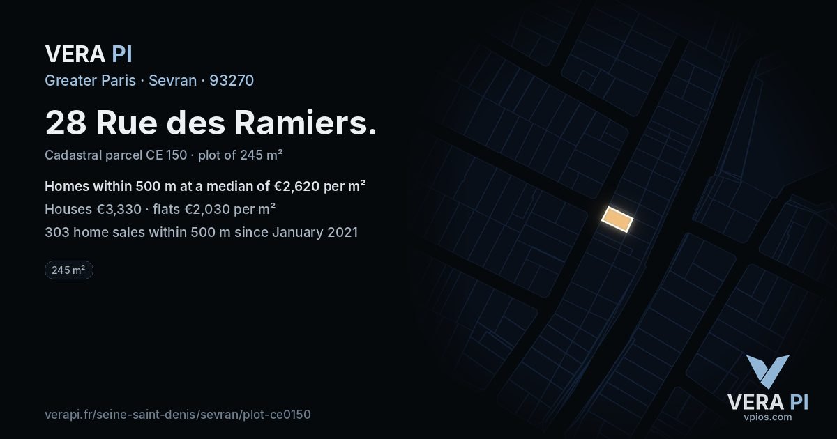 28 Rue des Ramiers, Sevran at night – the plot lit, the parcels around coloured by the prices near them