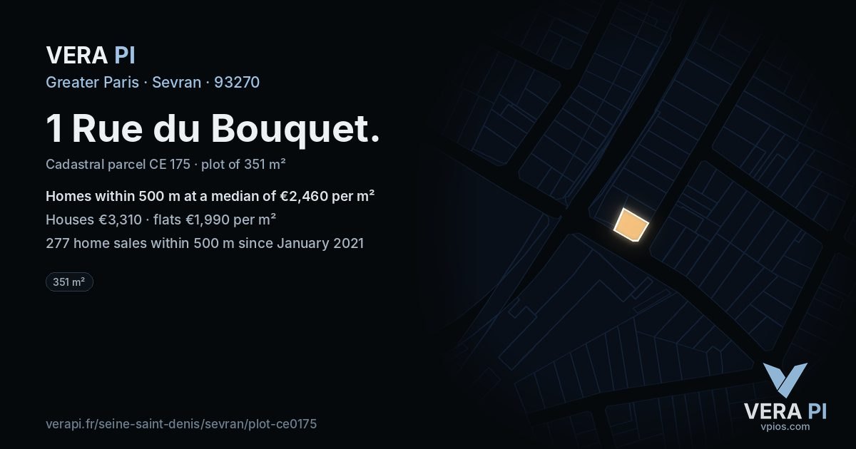 1 Rue du Bouquet, Sevran at night – the plot lit, the parcels around coloured by the prices near them