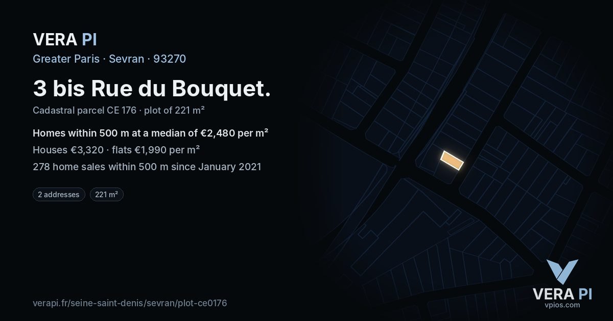 3 bis Rue du Bouquet, Sevran at night – the plot lit, the parcels around coloured by the prices near them