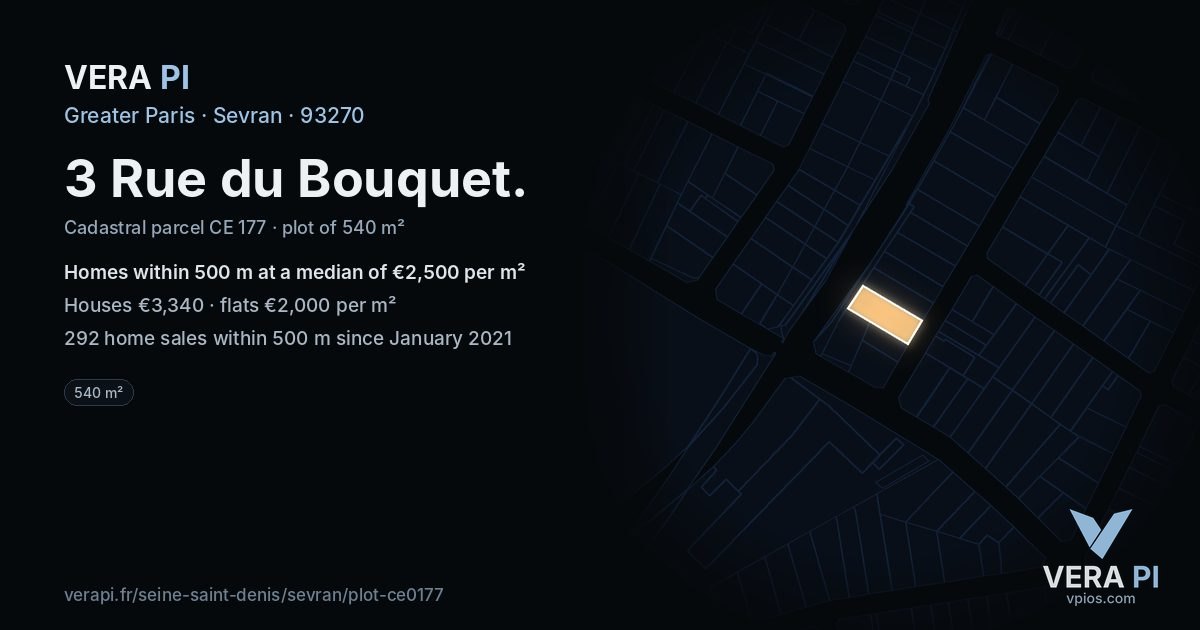 3 Rue du Bouquet, Sevran at night – the plot lit, the parcels around coloured by the prices near them