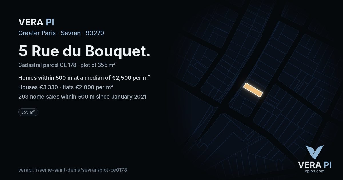 5 Rue du Bouquet, Sevran at night – the plot lit, the parcels around coloured by the prices near them