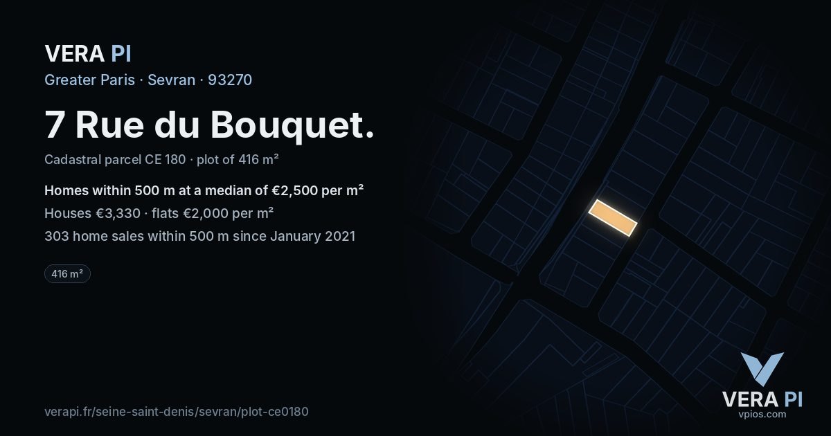 7 Rue du Bouquet, Sevran at night – the plot lit, the parcels around coloured by the prices near them