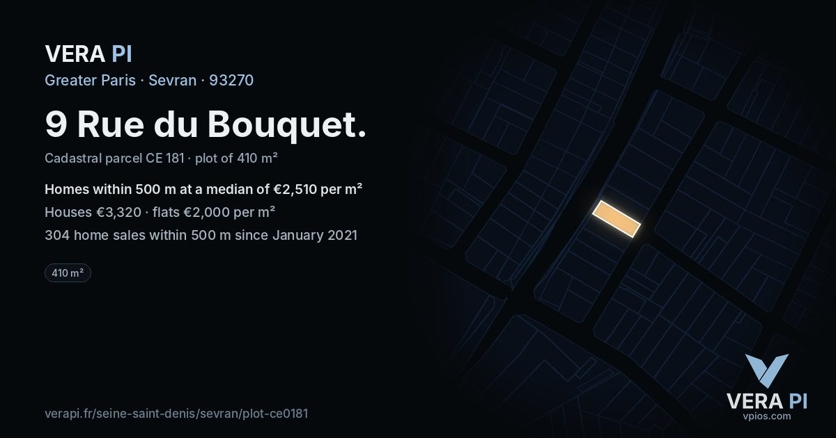 9 Rue du Bouquet, Sevran at night – the plot lit, the parcels around coloured by the prices near them