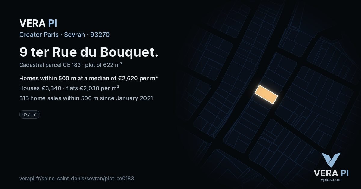 9 ter Rue du Bouquet, Sevran at night – the plot lit, the parcels around coloured by the prices near them