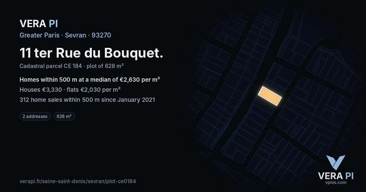 11 ter Rue du Bouquet, Sevran at night – the plot lit, the parcels around coloured by the prices near them