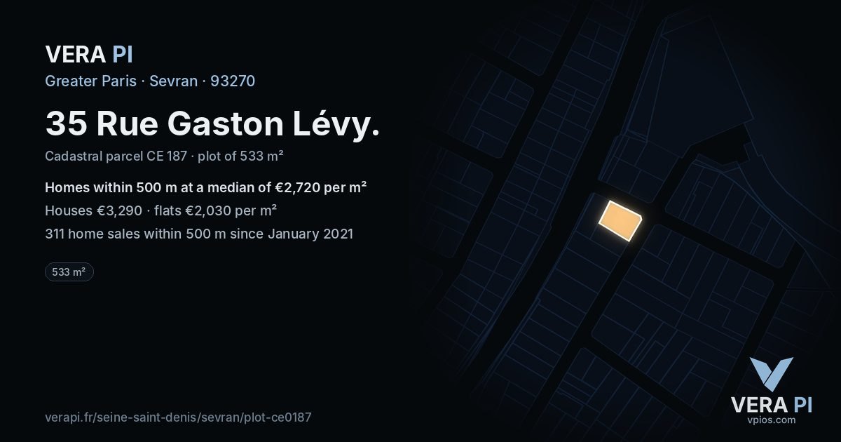 35 Rue Gaston Lévy, Sevran at night – the plot lit, the parcels around coloured by the prices near them
